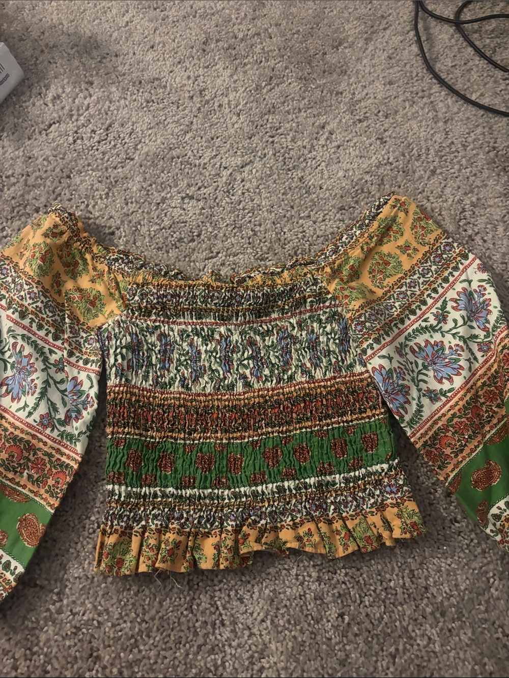 Zara Green, Yellow and White Floral Off-Shoulder Smocked Crop Top